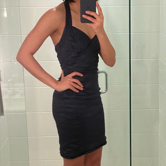 Navy Metallic halter BCBG cocktail dress - Picture 2 of 8